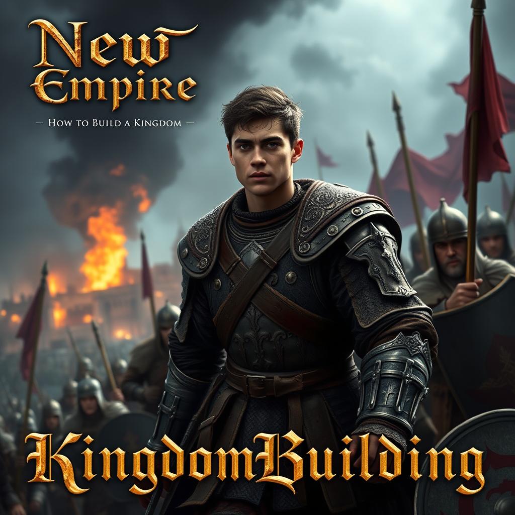 A dramatic scene depicting a young general, aged about 20, with a moderate build, confidently leading a medieval army