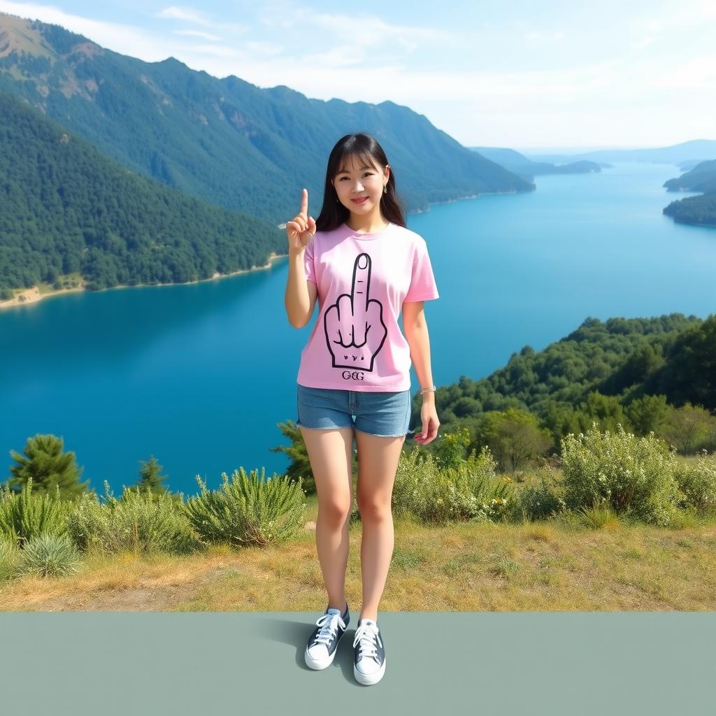 A beautiful Korean woman standing full body, facing forward, wearing a pink t-shirt featuring a graphic of a middle finger along with the initials 'G'