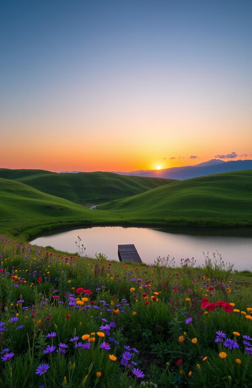 A serene landscape at sunrise, featuring rolling hills covered in lush green grass, dotted with vibrant wildflowers in shades of purple, yellow, and red
