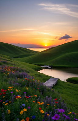 A serene landscape at sunrise, featuring rolling hills covered in lush green grass, dotted with vibrant wildflowers in shades of purple, yellow, and red