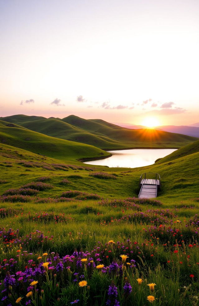 A serene landscape at sunrise, featuring rolling hills covered in lush green grass, dotted with vibrant wildflowers in shades of purple, yellow, and red