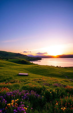 A serene landscape at sunrise, featuring rolling hills covered in lush green grass, dotted with vibrant wildflowers in shades of purple, yellow, and red