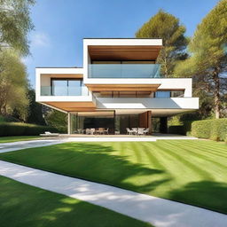 A luxurious, well-designed house with visually pleasing modern architecture, surrounded by a precisely manicured lawn under a clear, sunny sky.