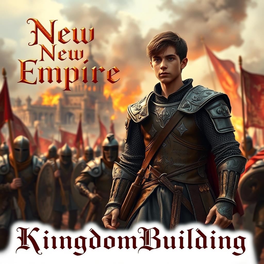 A dramatic scene depicting a young general, aged about 20, with a moderate build, confidently leading a medieval army