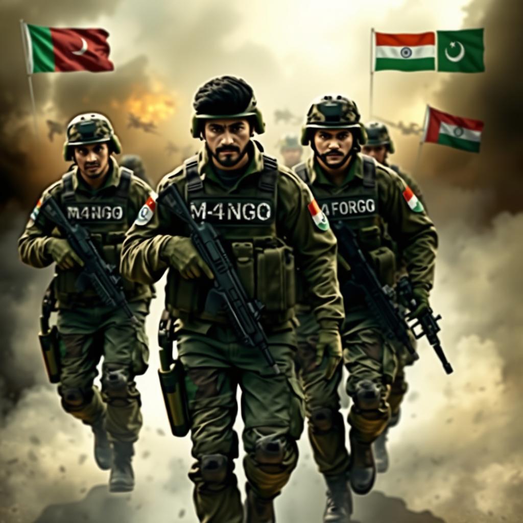 A dynamic scene depicting four soldiers in combat gear moving together towards a battlefield