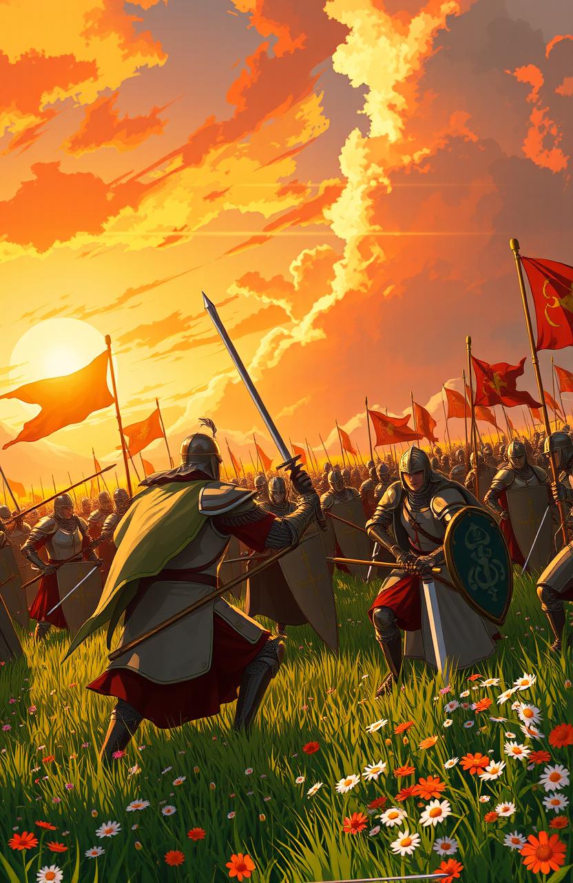 Two medieval armies clashing in a vibrant meadow under a dramatic sunset, with orange sunlight casting a warm glow