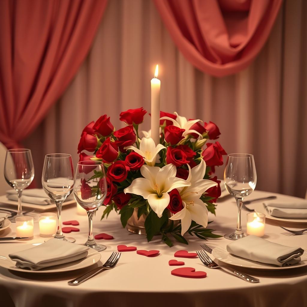 A romantic Valentine's dinner setting, featuring a beautifully arranged dining table adorned with a fresh bouquet of red roses and white lilies, soft candlelight flickering on the table