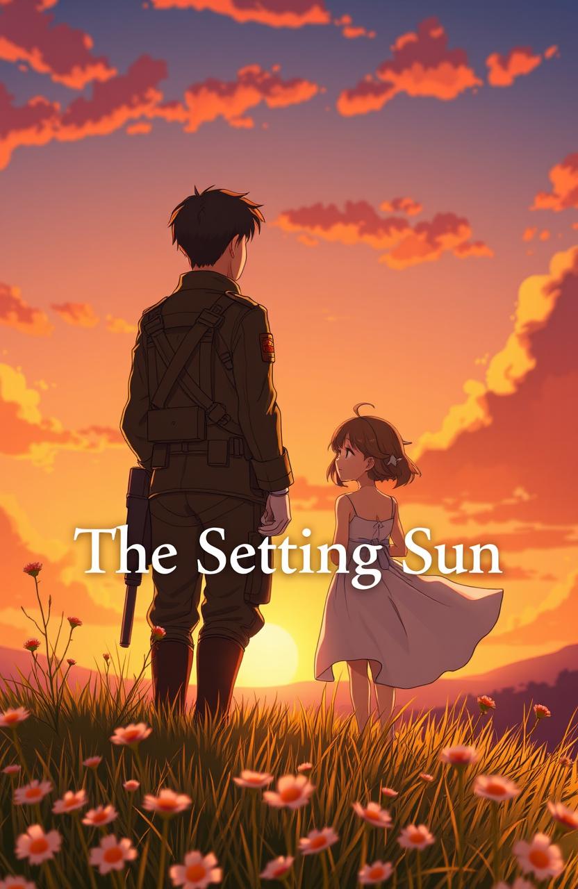 An animated scene depicting a soldier and a girl standing on a hilltop during sunset, with warm orange and pink hues lighting up the sky