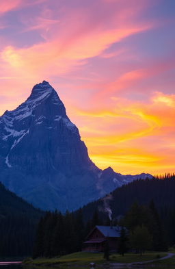 A beautiful, majestic mountain landscape during sunrise, showcasing towering peaks dusted with snow