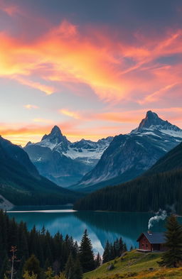 A beautiful, majestic mountain landscape during sunrise, showcasing towering peaks dusted with snow