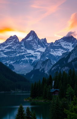 A beautiful, majestic mountain landscape during sunrise, showcasing towering peaks dusted with snow