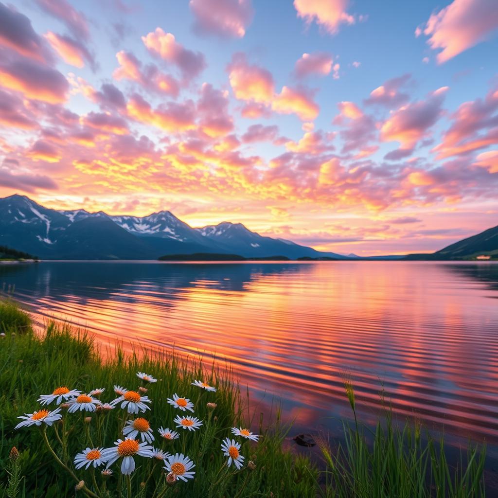 A serene landscape featuring a tranquil lake reflecting the vibrant colors of a sunset