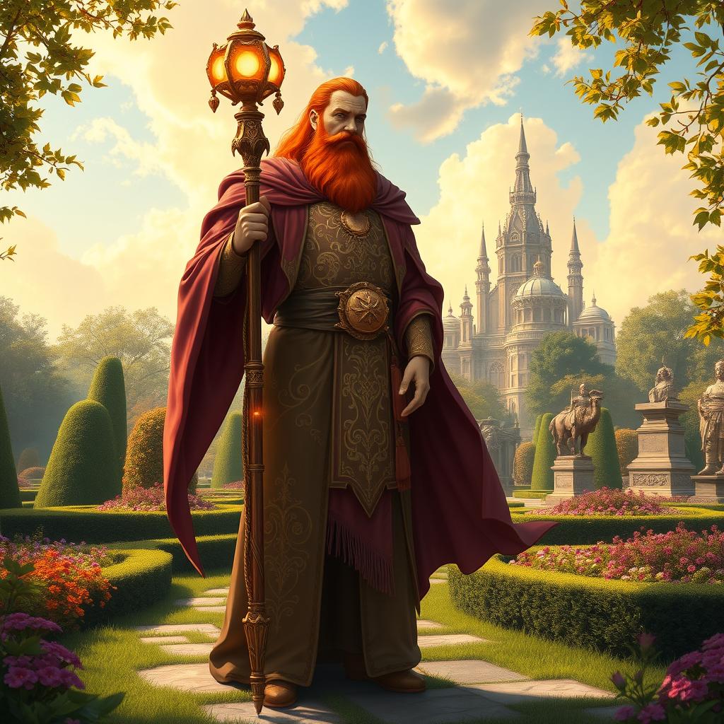 A vibrant and enchanting depiction of Theophylact, a powerful mage and respected member of the Conclave de Mystra, standing amidst the lush gardens of the Académie de Mystra