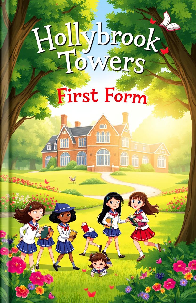 A vibrant and enchanting book cover for a story titled 'Hollybrook Towers: First Form'