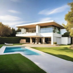 A luxurious, well-designed house with visually pleasing modern architecture, surrounded by a precisely manicured lawn under a clear, sunny sky.