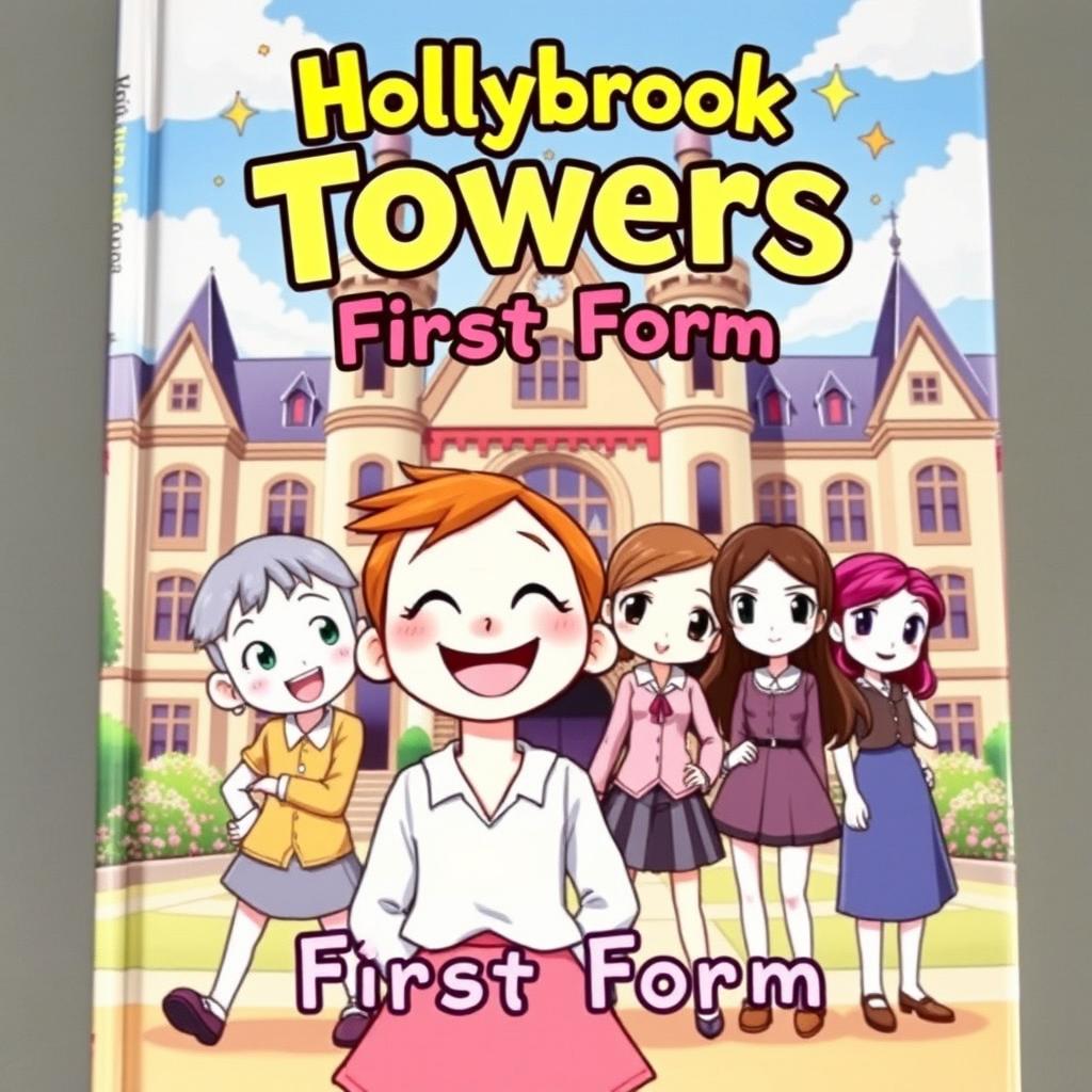 A cheerful and engaging book cover for 'Hollybrook Towers: First Form'