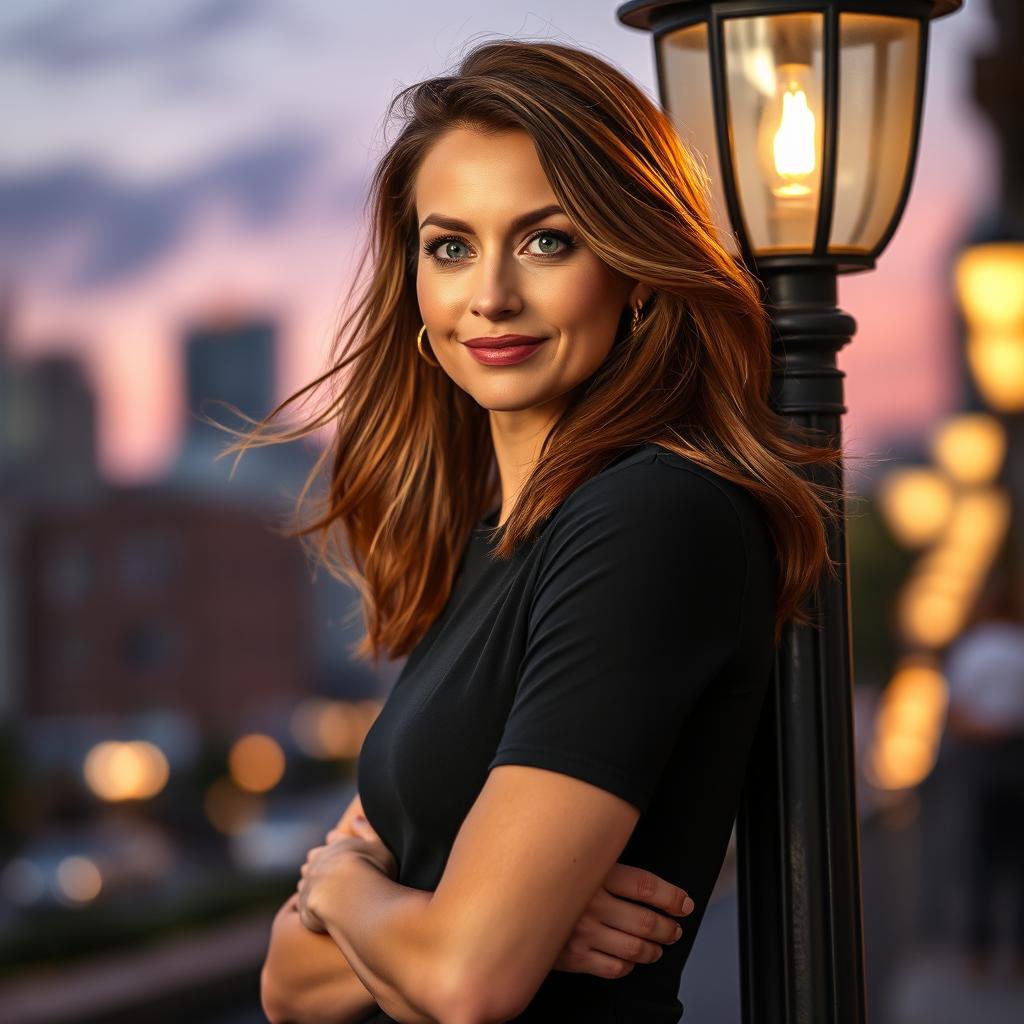 A stunning portrait of a confident, mature woman in her early forties with flowing chestnut hair and striking green eyes, wearing a fitted, elegant black dress that falls just below the knee
