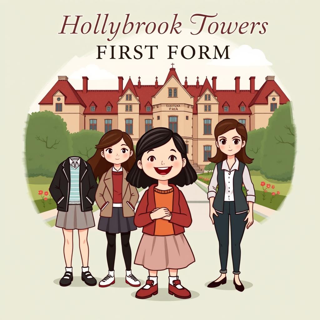 A charming and slightly mature book cover for 'Hollybrook Towers: First Form', inspired by classic boarding school stories