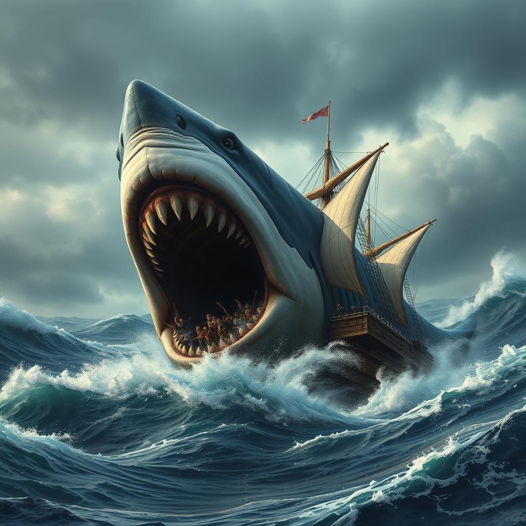 A terrifying scene depicting a massive Megalodon attacking a 19th-century wooden ship in the midst of a turbulent ocean