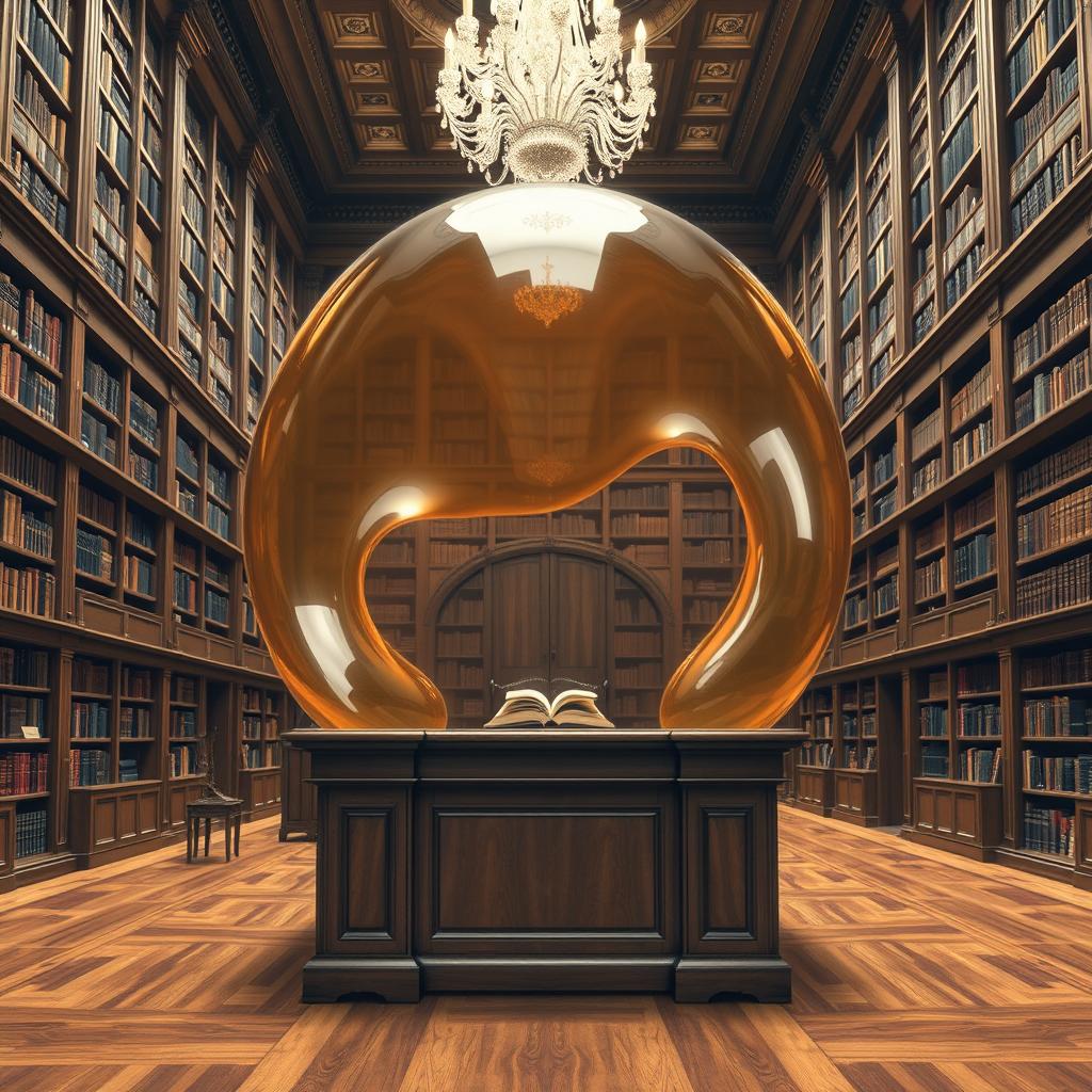 A grand, elegant library with towering wooden bookshelves filled with meticulously arranged books