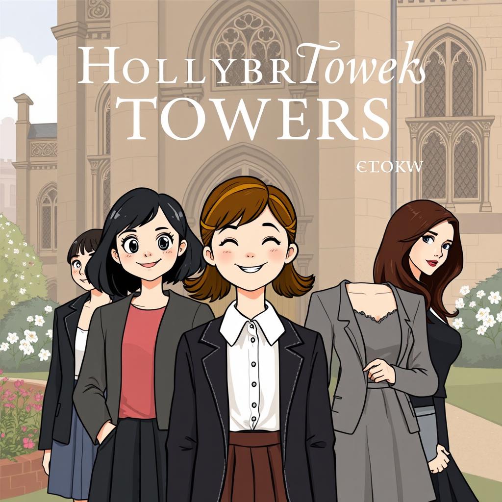 A sophisticated yet jolly book cover for 'Hollybrook Towers: First Form', set against the backdrop of a classic boarding school