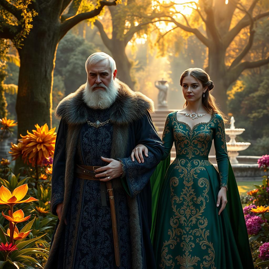 A 50 years old father styled as a Grand Duke and his 18 years old daughter, both dressed in exquisite medieval nobility attire, walking arm in arm through lush, magical gardens of their castle
