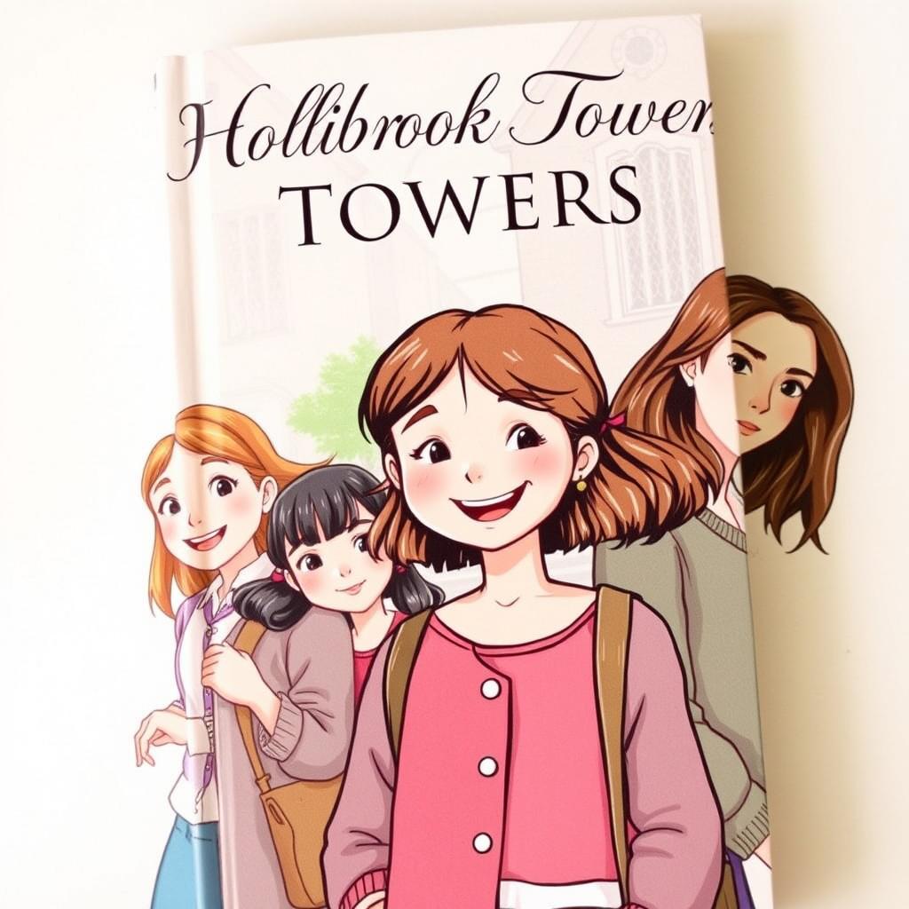 A delightful and slightly mature book cover for 'Hollybrook Towers: First Form', inspired by classic boarding school stories