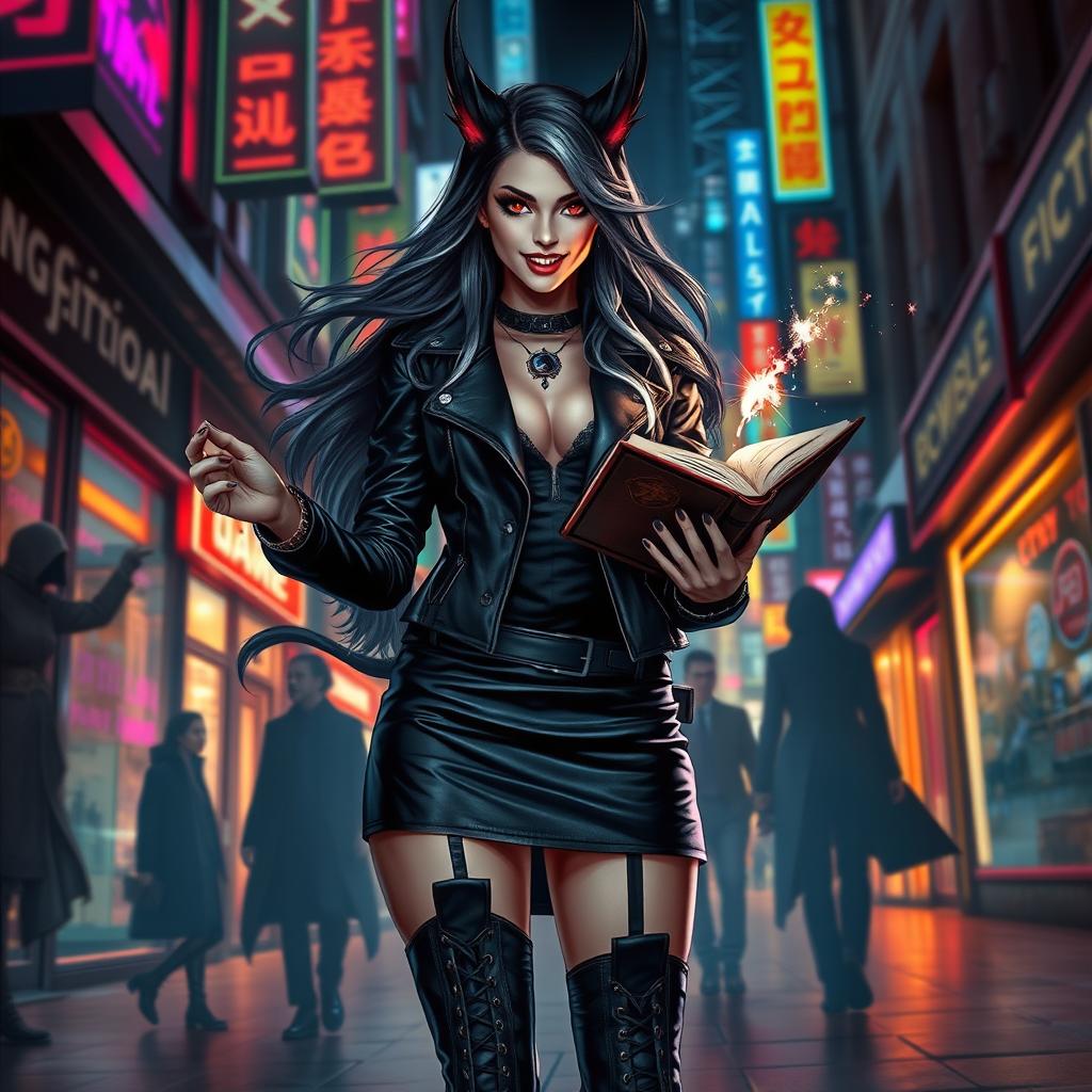 A dynamic urban fantasy scene featuring a striking dhampir witch