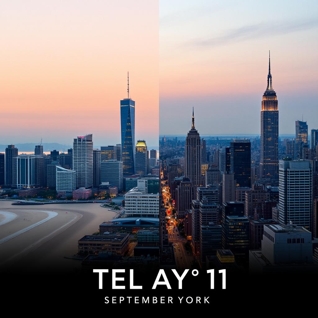 A cinematic poster blending the cities of Tel Aviv and New York before September 11, 2001, featuring the iconic skyline with the World Trade Center prominently displayed