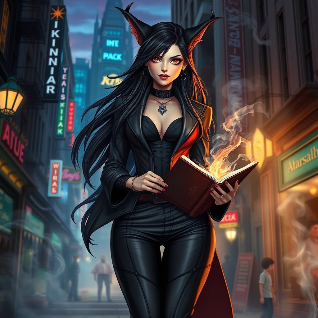 An enchanting urban fantasy scene featuring a dhampir witch standing confidently in a bustling city filled with magical elements