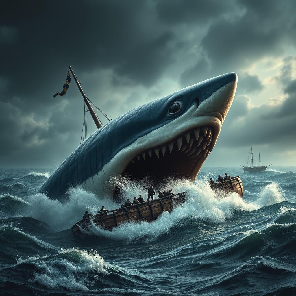 A terrifying scene showcasing a gigantic Megalodon attacking a 19th-century wooden ship in the vast ocean