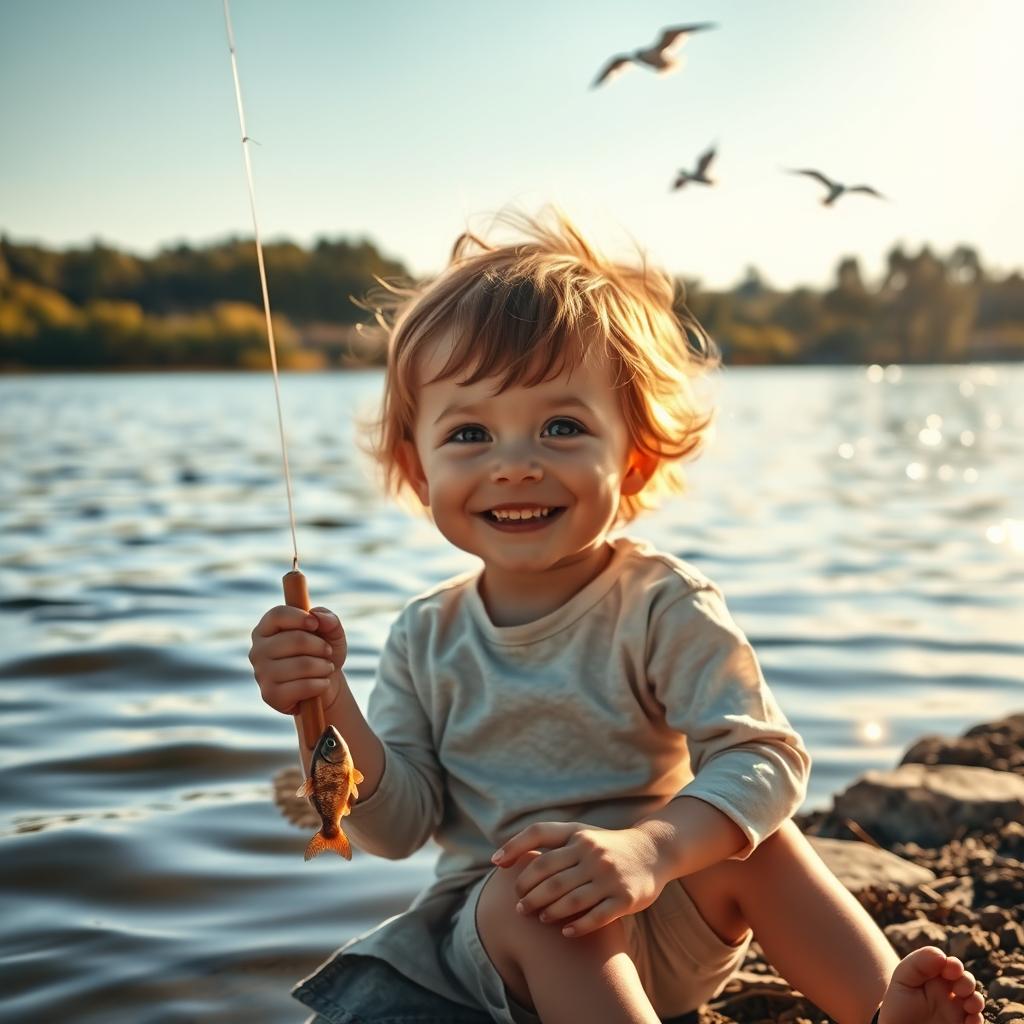 A young child sitting by a calm riverbank, holding a simple fishing rod