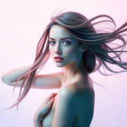 A captivating, minimalist wallpaper image featuring a beautiful woman with long, flowing hair that shines in the light