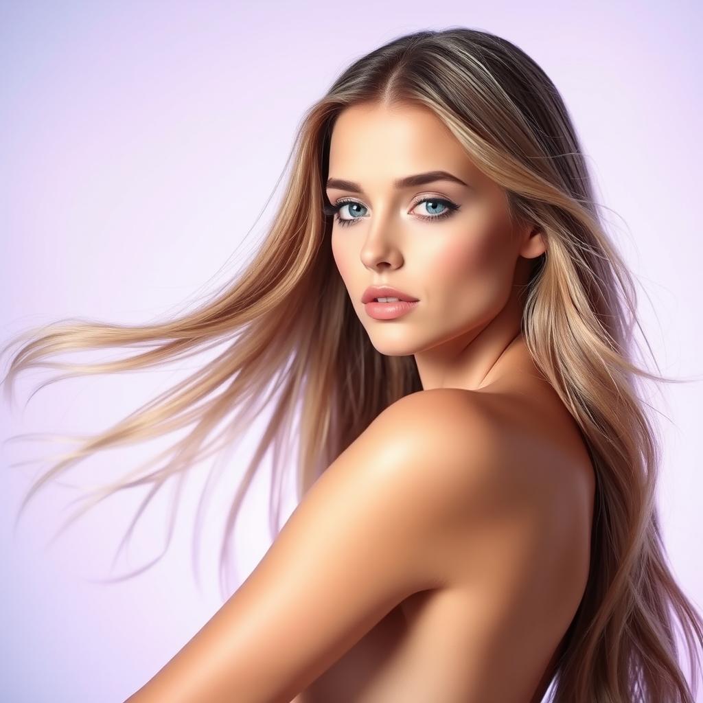 A captivating, minimalist wallpaper image featuring a beautiful woman with long, flowing hair that shines in the light