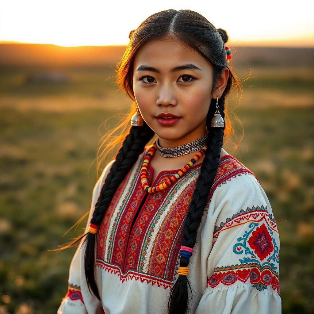 A stunning Mongolian girl dressed in traditional Deel wear, with intricate patterns and vibrant colors that showcase her cultural heritage