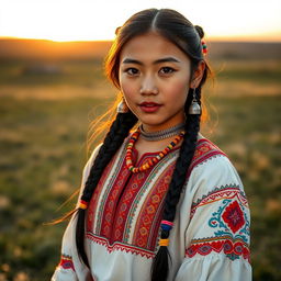 A stunning Mongolian girl dressed in traditional Deel wear, with intricate patterns and vibrant colors that showcase her cultural heritage