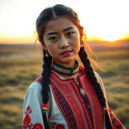 A stunning Mongolian girl dressed in traditional Deel wear, with intricate patterns and vibrant colors that showcase her cultural heritage