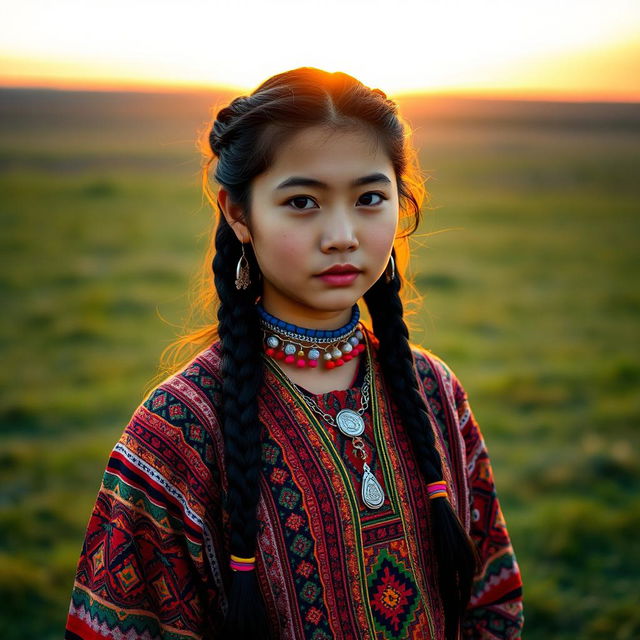 A stunning Mongolian girl dressed in traditional Deel wear, with intricate patterns and vibrant colors that showcase her cultural heritage