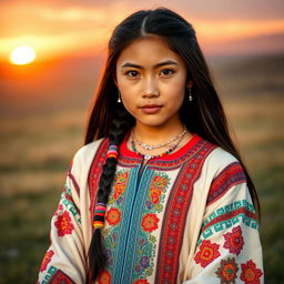 A stunning Mongolian girl dressed in traditional Deel wear, with intricate patterns and vibrant colors that showcase her cultural heritage