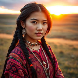A stunning Mongolian girl dressed in traditional Deel wear, with intricate patterns and vibrant colors that showcase her cultural heritage