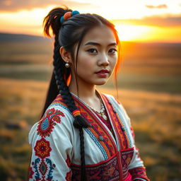 A stunning Mongolian girl dressed in traditional Deel wear, with intricate patterns and vibrant colors that showcase her cultural heritage