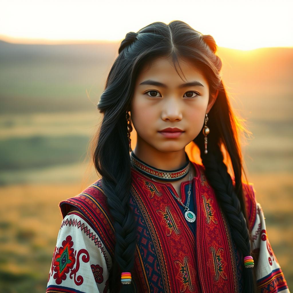 A stunning Mongolian girl dressed in traditional Deel wear, with intricate patterns and vibrant colors that showcase her cultural heritage
