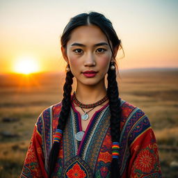 A stunning Mongolian girl dressed in traditional Deel wear, with intricate patterns and vibrant colors that showcase her cultural heritage