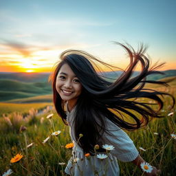 A serene scene featuring a Mongolian landscape with rolling hills and a sunset sky