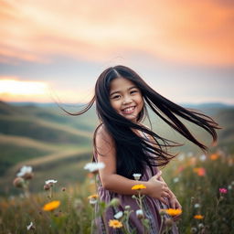 A serene scene featuring a Mongolian landscape with rolling hills and a sunset sky