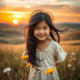 A serene scene featuring a Mongolian landscape with rolling hills and a sunset sky