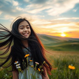 A serene scene featuring a Mongolian landscape with rolling hills and a sunset sky