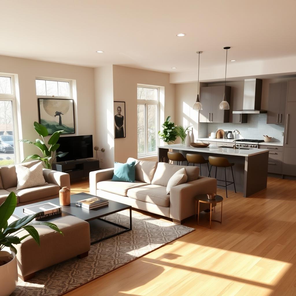 A cozy and modern living room with an open kitchen design