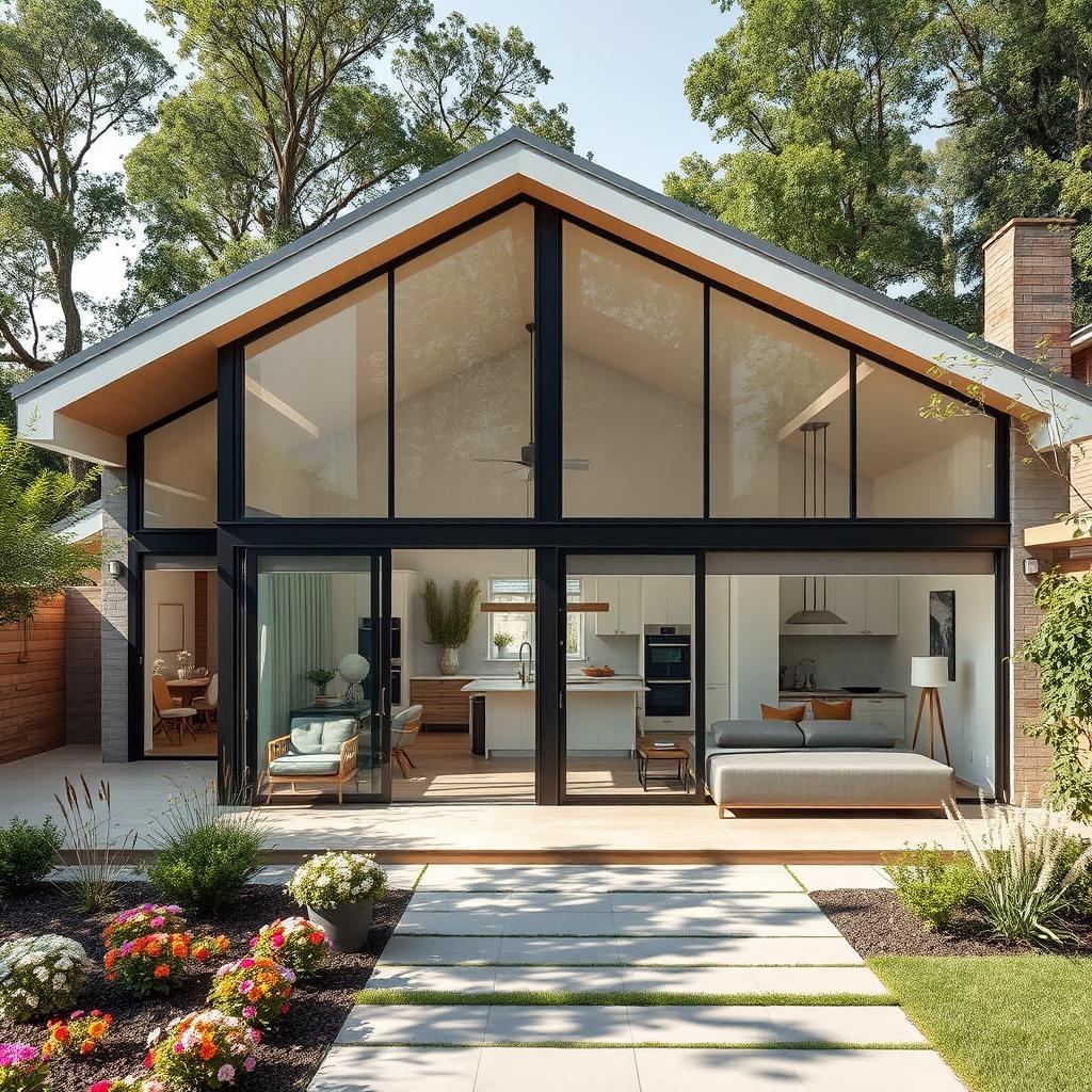 A beautifully designed modern house with large glass windows, an open floor plan, and a cozy outdoor patio