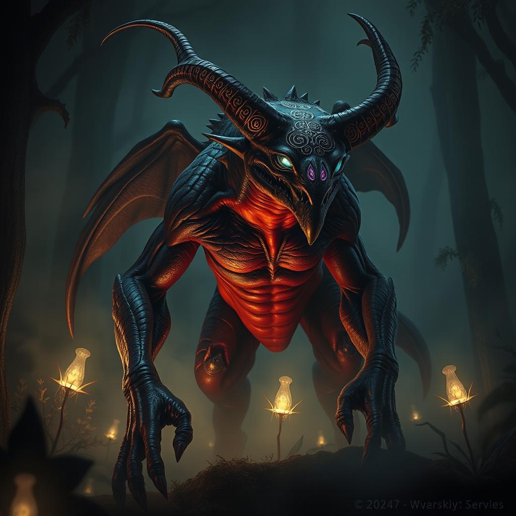 A scientifically accurate depiction of a demon, featuring characteristics of various mythological and biological features
